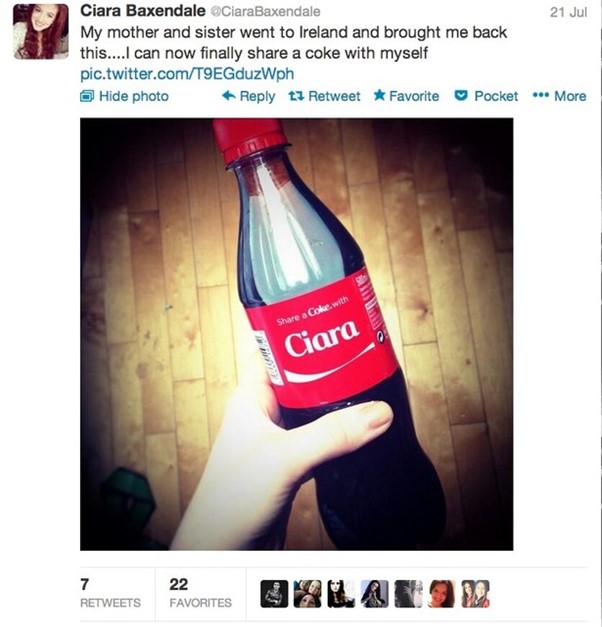 Twitter screenshot of a user holding a coke bottle with their name from the famous 'Share a coke' Coca-Cola campaign in 2014, an example of personalization in marketing